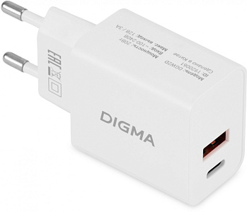 Сетевое зар./устр. Digma DGW2D 20W 3A+1A (PD+QC) USB-C/USB-A универсальное белый (DGW2D0F110WH)